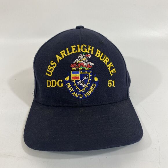 USS Arleigh Burke DDG 51 SnapBack Hat Cap Built To Fight Navy Blue Autographed?